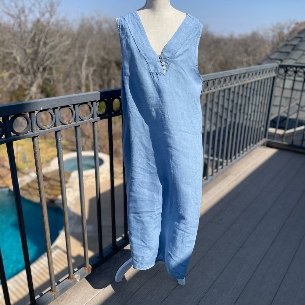 Tempo Paris Light Blue Button Detail 100% Linen V-Neck Sleeveless Dress Large - Picture 11 of 11